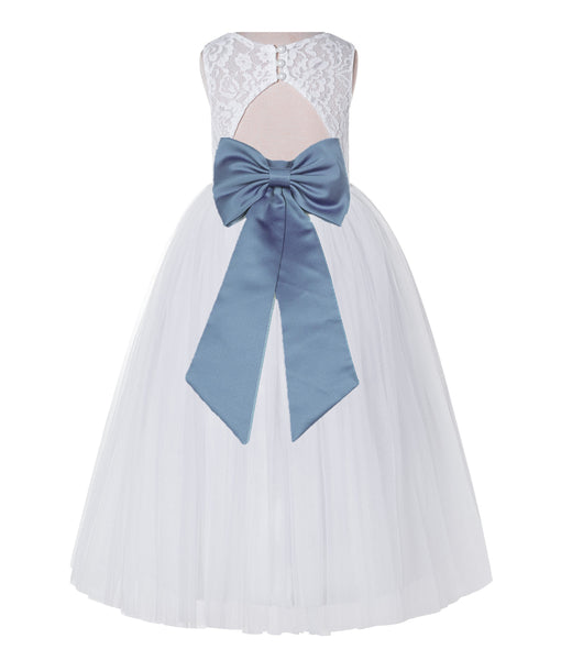 White Lace Flower Girl Dress Keyhole Back with Colored Sash for Junior Bridesmaid Toddlers 178T(1)