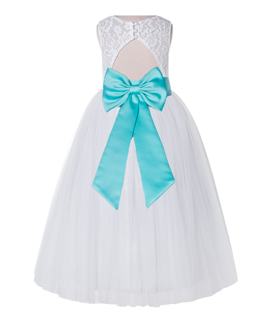 White Lace Flower Girl Dress Keyhole Back with Colored Sash 178T(1) White / Aqua Blue / 8 White Lace Flower Girl Dress Keyhole Back with Colored Sash 178T(1) White / Aqua Blue / 8