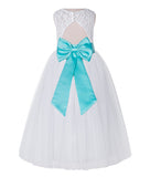 White Lace Flower Girl Dress Keyhole Back with Colored Sash for Junior Bridesmaid Toddlers 178T(1)