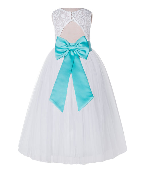 White Lace Flower Girl Dress Keyhole Back with Colored Sash for Junior Bridesmaid Toddlers 178T(1)