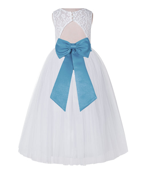 White Lace Flower Girl Dress Keyhole Back with Colored Sash for Junior Bridesmaid Toddlers 178T(2)