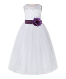 White Lace Flower Girl Dress Keyhole Back with Colored Sash for Junior Bridesmaid Toddlers 178T(1)