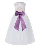 White Lace Flower Girl Dress Keyhole Back with Colored Sash for Junior Bridesmaid Toddlers 178T(1)