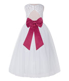 White Lace Flower Girl Dress Keyhole Back with Colored Sash for Junior Bridesmaid Toddlers 178T(4)