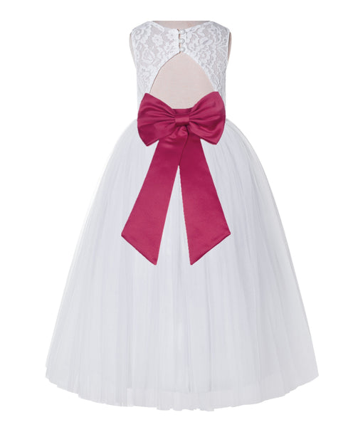 White Lace Flower Girl Dress Keyhole Back with Colored Sash for Junior Bridesmaid Toddlers 178T(4)