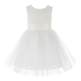 Knee Length Backless Ivory Lace Flower Girl Dress with Tiebow Dance Recital for Toddlers 206T(6)