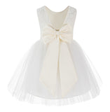 Knee Length Backless Ivory Lace Flower Girl Dress with Tiebow Dance Recital for Toddlers 206T(6)