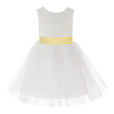 Knee Length Backless Ivory Lace Flower Girl Dress with Tiebow Dance Recital for Toddlers 206T(4)