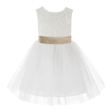 Knee Length Backless Ivory Lace Flower Girl Dress with Tiebow Dance Recital for Toddlers 206T(3)