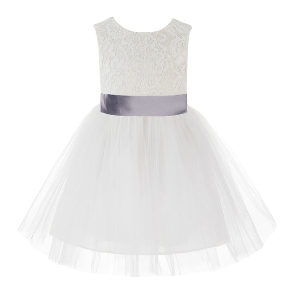 Knee Length Backless Ivory Lace Flower Girl Dress with Tiebow Dance Recital for Toddlers 206T(6)