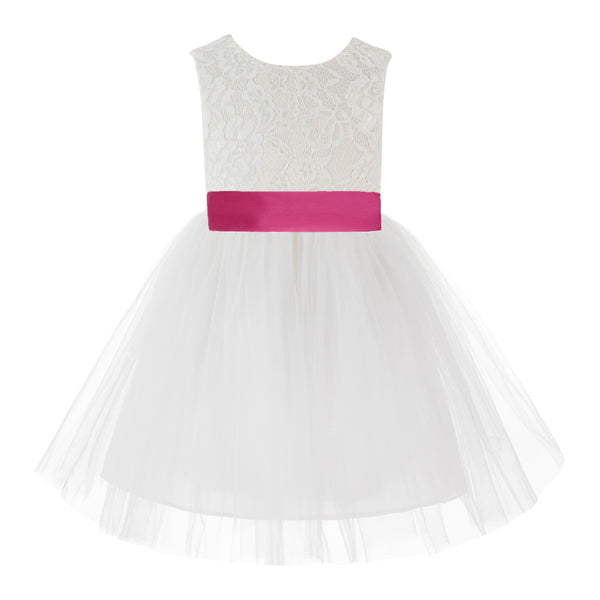 Knee Length Backless Ivory Lace Flower Girl Dress with Tiebow Dance Recital for Toddlers 206T(6)