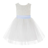 Knee Length Backless Ivory Lace Flower Girl Dress with Tiebow Dance Recital for Toddlers 206T(5)