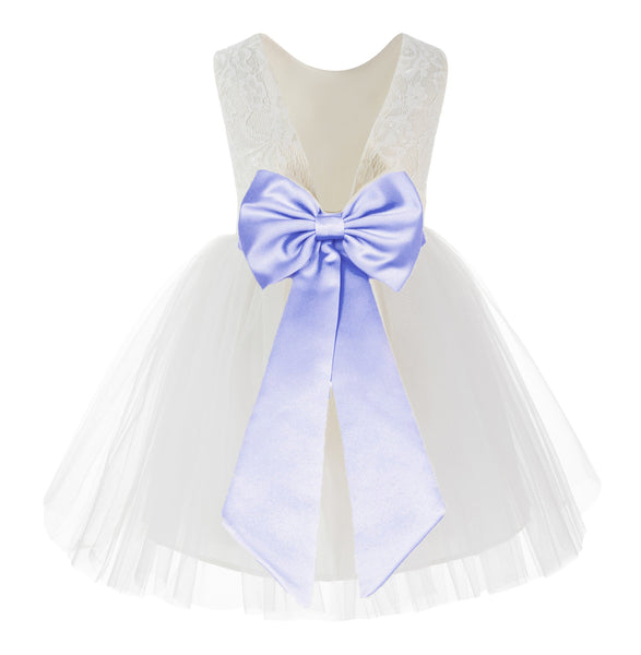 Knee Length Backless Ivory Lace Flower Girl Dress with Tiebow Dance Recital for Toddlers 206T(2)