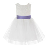 Knee Length Backless Ivory Lace Flower Girl Dress with Tiebow Dance Recital for Toddlers 206T(1)