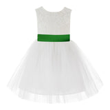 Knee Length Backless Ivory Lace Flower Girl Dress with Tiebow Dance Recital for Toddlers 206T(1)