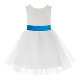 Knee Length Backless Ivory Lace Flower Girl Dress with Tiebow Dance Recital for Toddlers 206T(1)