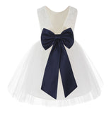 Knee Length Backless Ivory Lace Flower Girl Dress with Tiebow Dance Recital for Toddlers 206T(1)