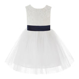 Knee Length Backless Ivory Lace Flower Girl Dress with Tiebow Dance Recital for Toddlers 206T(1)