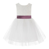 Knee Length Backless Ivory Lace Flower Girl Dress with Tiebow Dance Recital for Toddlers 206T(1)