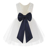 Knee Length Backless Ivory Lace Flower Girl Dress with Tiebow Dance Recital for Toddlers 206T(1)