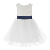 Knee Length Backless Ivory Lace Flower Girl Dress with Tiebow Dance Recital for Toddlers 206T(1)