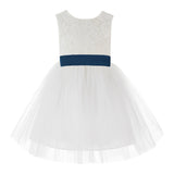 Knee Length Backless Ivory Lace Flower Girl Dress with Tiebow Dance Recital for Toddlers 206T(3)