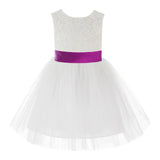 Knee Length Backless Ivory Lace Flower Girl Dress with Tiebow Dance Recital for Toddlers 206T(3)