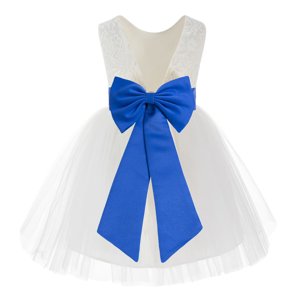 white lace dress with blue bow A-line Deep V Back Ivory Lace Flower Girl Dress, Navy Blue Bow 7T --- Chest = 26 inches/ Waist = 25 inches/ Hollow to knee = 27 inches