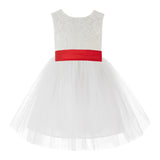 Knee Length Backless Ivory Lace Flower Girl Dress with Tiebow Dance Recital for Toddlers 206T(3)