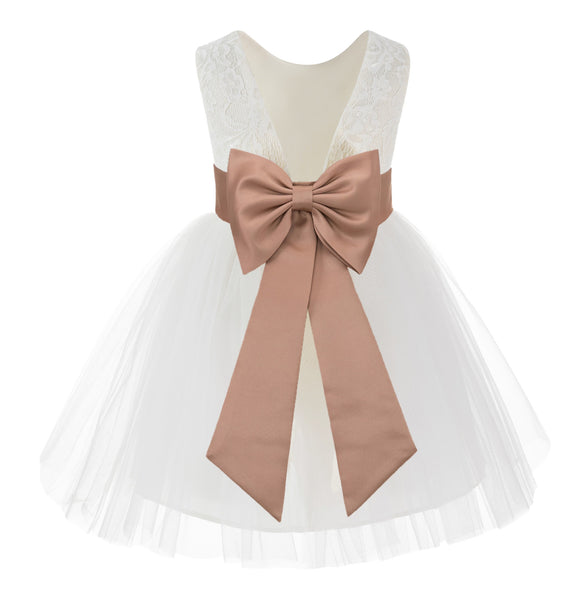 Knee Length Backless Ivory Lace Flower Girl Dress with Tiebow Dance Recital for Toddlers 206T(3)