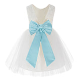 Knee Length Backless Ivory Lace Flower Girl Dress with Tiebow Dance Recital for Toddlers 206T(3)