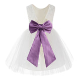 Knee Length Backless Ivory Lace Flower Girl Dress with Tiebow Dance Recital for Toddlers 206T(1)