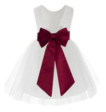 Knee Length White Lace V-Back Flower Girl Dress with Tiebow for Toddlers Ceremonial Gown 206T(3)