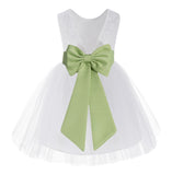 Knee Length White Lace V-Back Flower Girl Dress with Tiebow for Toddlers Ceremonial Gown 206T(4)