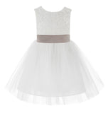 Knee Length White Lace V-Back Flower Girl Dress with Tiebow for Toddlers Ceremonial Gown 206T(3)