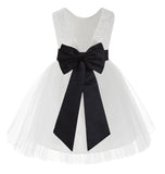 Knee Length White Lace V-Back Flower Girl Dress with Tiebow for Toddlers Ceremonial Gown 206T(5)