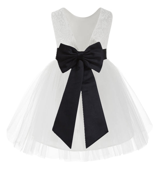 Knee Length White Lace V-Back Flower Girl Dress with Tiebow for Toddlers Ceremonial Gown 206T(5)