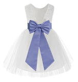 Knee Length White Lace V-Back Flower Girl Dress with Tiebow for Toddlers Ceremonial Gown 206T(4)