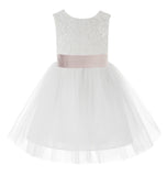 Knee Length White Lace V-Back Flower Girl Dress with Tiebow for Toddlers Ceremonial Gown 206T(5)