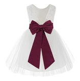 Knee Length White Lace V-Back Flower Girl Dress with Tiebow for Toddlers Ceremonial Gown 206T(5)