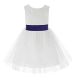 Knee Length White Lace V-Back Flower Girl Dress with Tiebow for Toddlers Ceremonial Gown 206T(5)