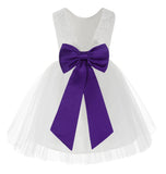 Knee Length White Lace V-Back Flower Girl Dress with Tiebow for Toddlers Ceremonial Gown 206T(5)