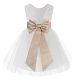 Knee Length White Lace V-Back Flower Girl Dress with Tiebow for Toddlers Ceremonial Gown 206T(4)