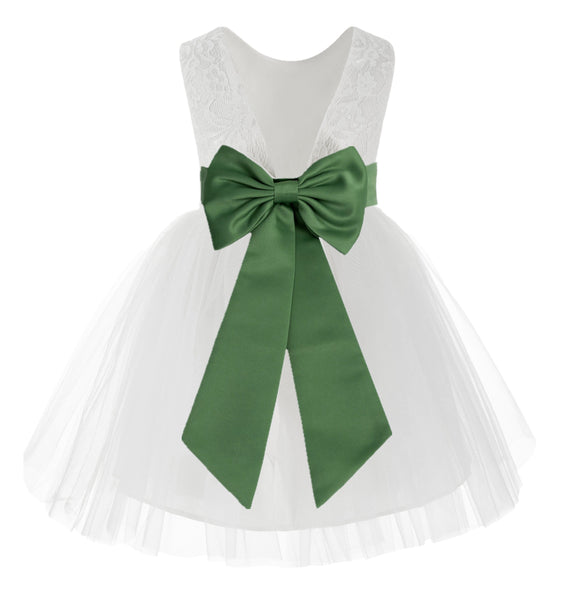 Knee Length White Lace V-Back Flower Girl Dress with Tiebow for Toddlers Ceremonial Gown 206T(5)