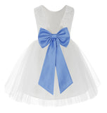 Knee Length White Lace V-Back Flower Girl Dress with Tiebow for Toddlers Ceremonial Gown 206T(5)