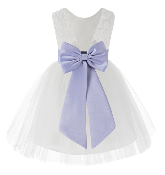 Knee Length White Lace V-Back Flower Girl Dress with Tiebow for Toddlers Ceremonial Gown 206T(5)