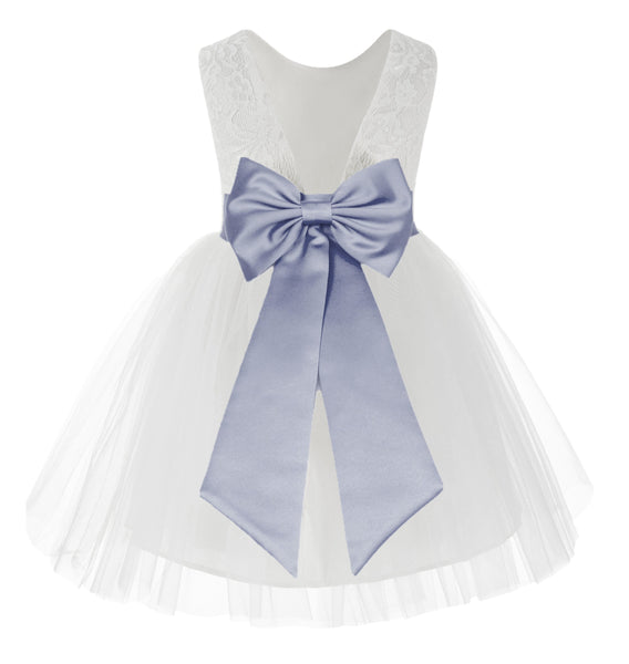 Knee Length White Lace V-Back Flower Girl Dress with Tiebow for Toddlers Ceremonial Gown 206T(5)