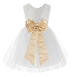 Knee Length White Lace V-Back Flower Girl Dress with Tiebow for Toddlers Ceremonial Gown 206T(3)