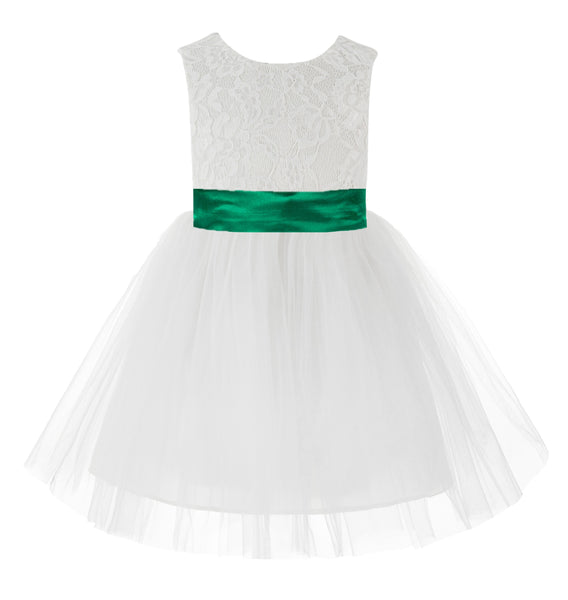 Knee Length White Lace V-Back Flower Girl Dress with Tiebow for Toddlers Ceremonial Gown 206T(3)