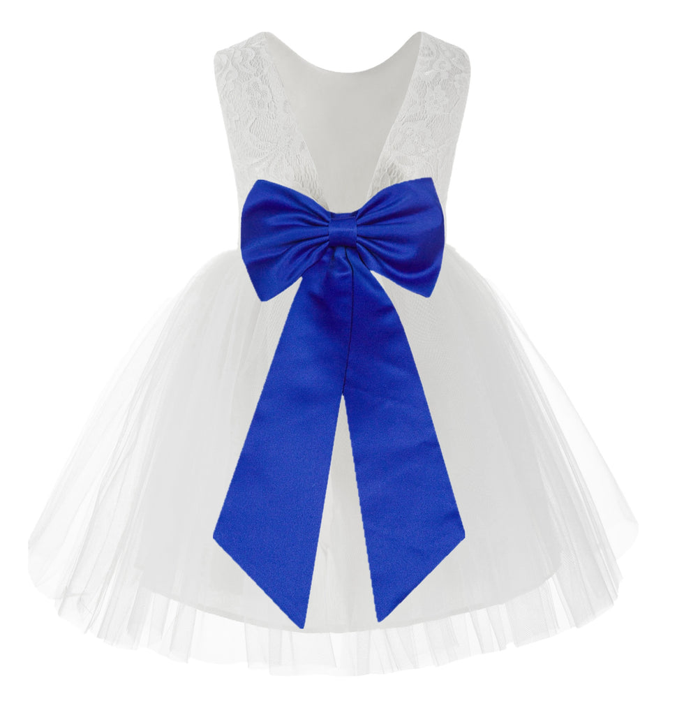 Knee Length White Lace V-Back Flower Girl Dress with Tiebow 206T(2) | Ekidsbridal Knee Length White Lace V-Back Flower Girl Dress with Tiebow 206T(2) | Ekidsbridal